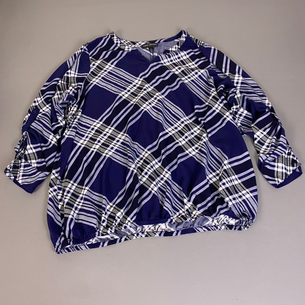 Lane‎ Bryant Blouse Tunic Plus Size 22 Navy Blue White Plaid 3/4 Sleeve V-Neck